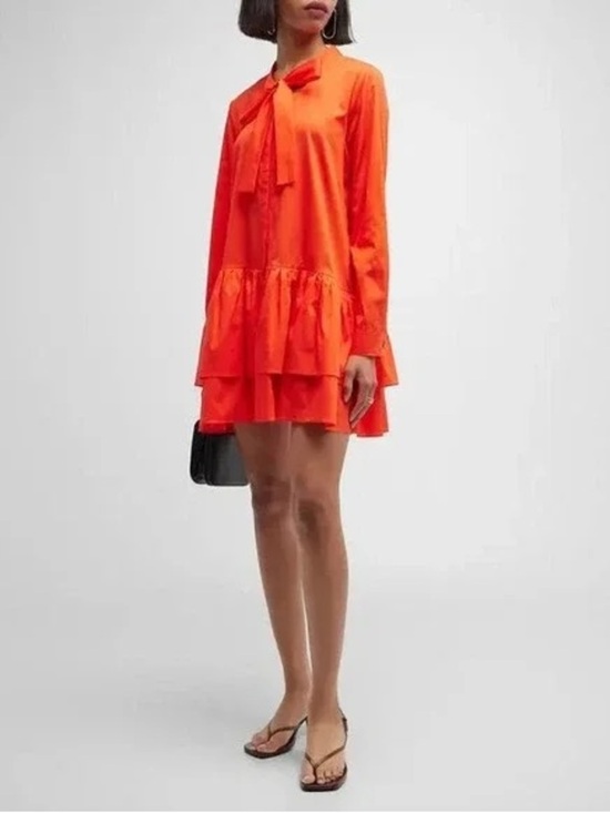Harshman Dresses & Skirts - Harshman Tie-Neck Tiered Mini Dress in Vibrant Orange Size S 100% Cotton